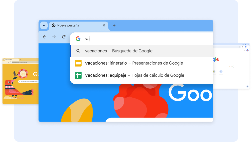 Una búsqueda de “va” muestra documentos relacionados con vacaciones y, luego, presionar un acceso directo de Hojas de cálculo muestra una lista para hacer el equipaje para viajar.